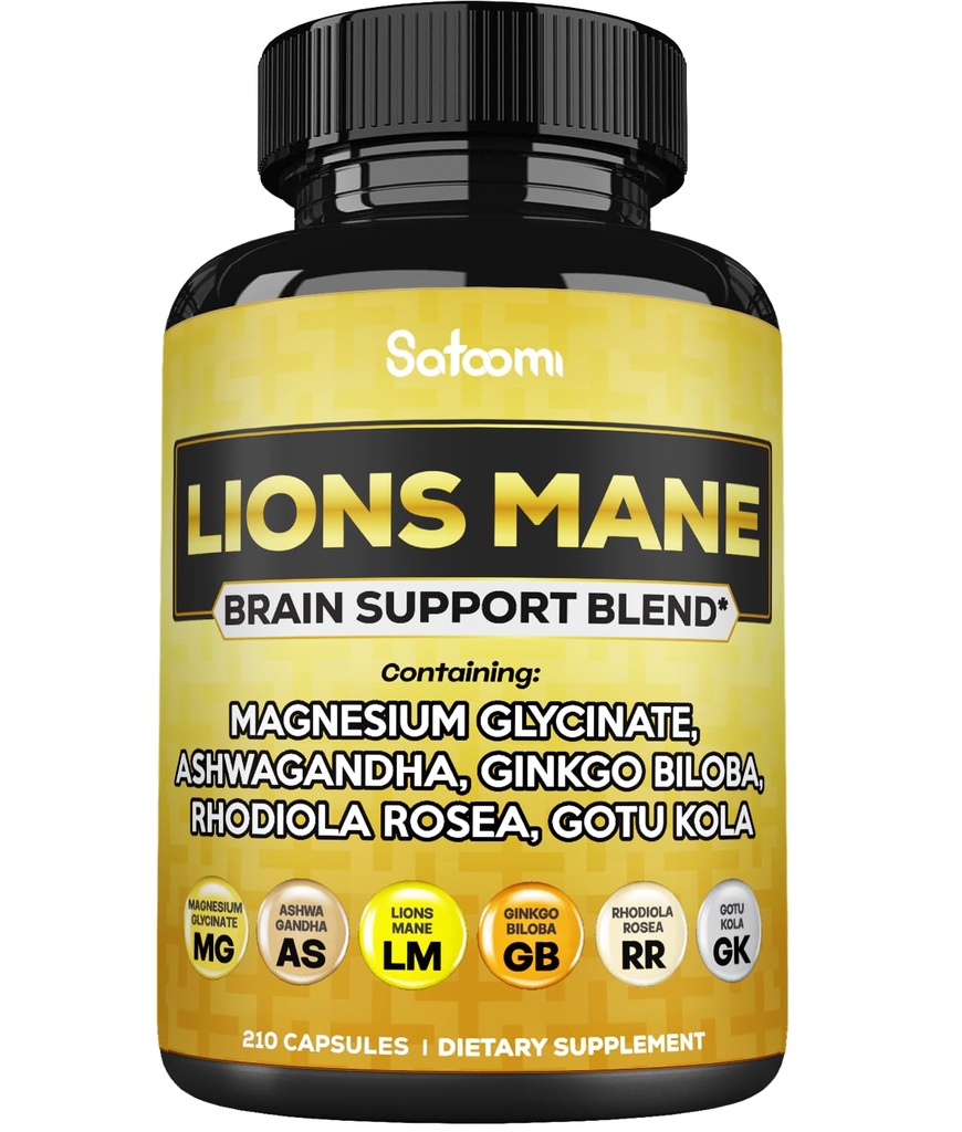 Lions Mane Supplement Kapsułki z Magnezu z Ashwagandha Root, Ginkgo Biloba, Rhodiola Rosea i Gotu Kola - 210 Kapsułki Vegan - Wsparcie zdrowia mózgu, Pozytywny nastrój i produkcja energii