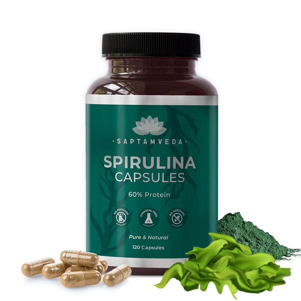 SAPTAMVEDA Natural Spirulina Capsules 2000Mg(120 Capsules) - Plant-Based Superfood Supplement For Men And Women | Rich In Protein, Vitamins & Antioxidants | Supports Immune System And Overall Wellness