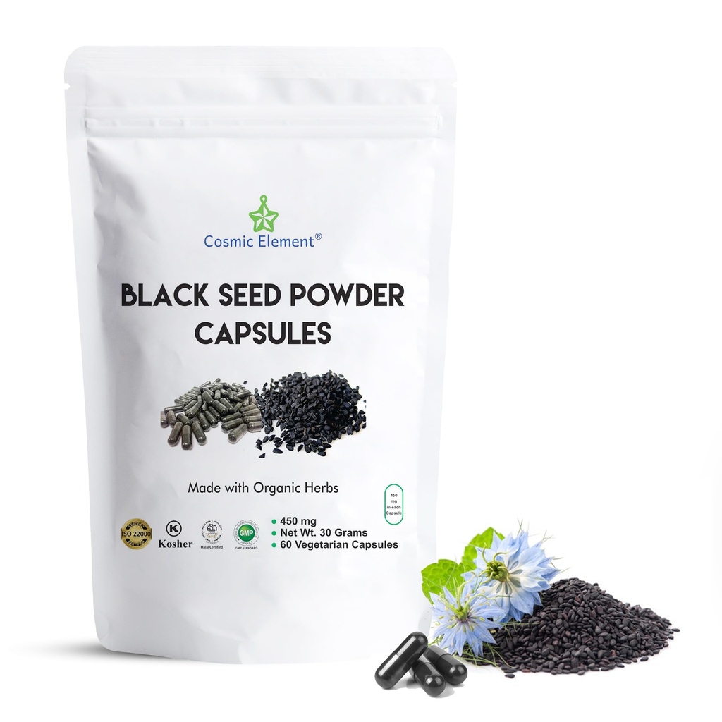 Kosmiczny Element 100% Czysty czarny proszek Kapsułki Organiczne - Vegan Nigella Sativa 450mg Czarny Kmin Nasiona na służbę- dla zdrowia - 60 Kapsułki