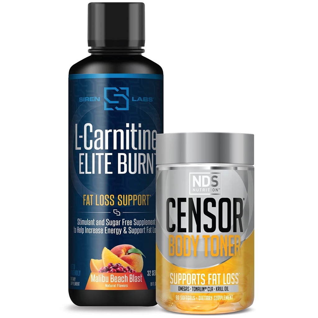 Censor NDS Nutrition Fat Loss- Body Toner z CLA (90 Softgels) & Siren Labs L- Carnitine Elite Burn Fat Loss Support Malibu Beach Blast 3000 mg (32 Służenia)