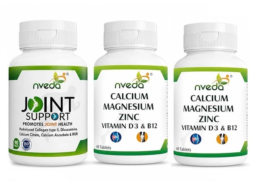 Nveda Joint Support 90 Tabs & Calcium Tablets 120 Tabs Combo | Collagen Type 2, Glucosamine, MSM, Calcium with Vitamin D3, K2, Magnesium & Zinc | Bone & Joint Health Support