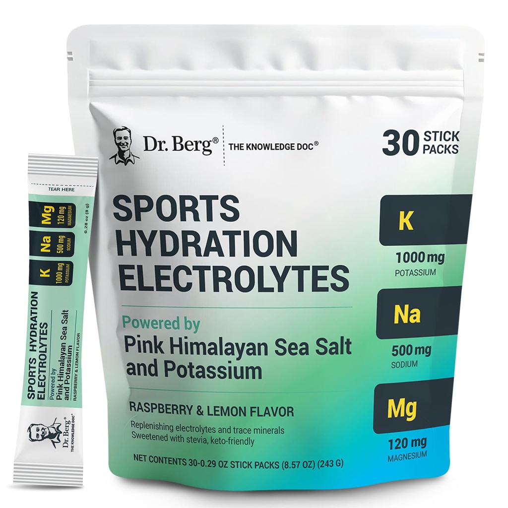 Dr. Berg Sports Hydration Electrolytes Proszek w / Więcej soli (Pink Himalayan) - 30 Keto Electrolytes proszku pakiety w / Pyszne słone Malina i Lemon Flavor - Zawiera 1000 mg potasu
