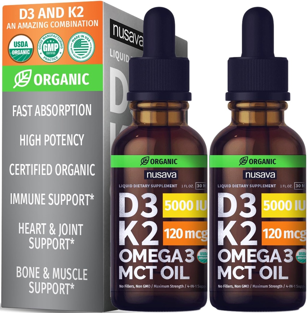 Witamina NUSAVA B12 Krople płynne, Niezapalone D3 K2, & Chlorophyll Bundle - Pothent Liquid Vitamin for Heart, Energy, Mózg i Wsparcie immunologiczne - Nie-GMO, Gluten- Free, 2pk każdy