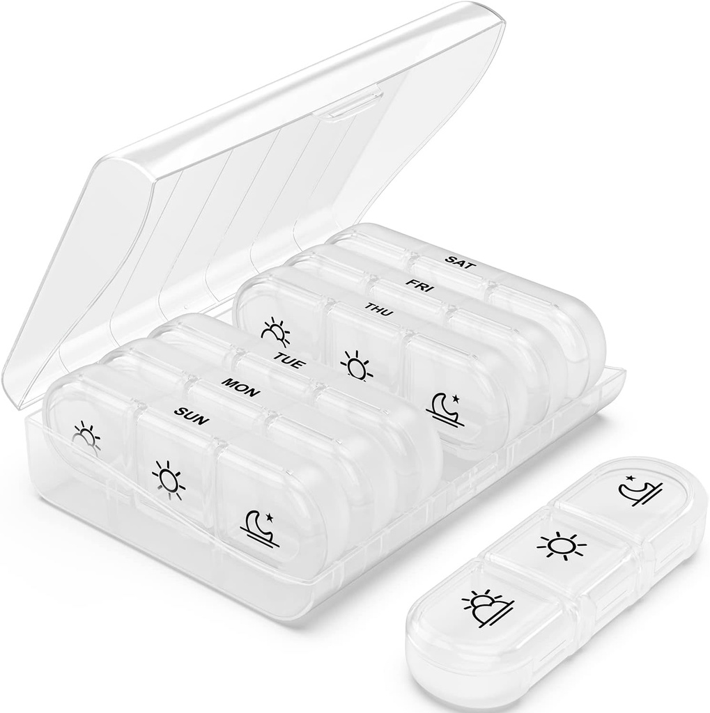 PulIV Cotygodniowy Pill Organizator 3 razy dziennie, Przenośne Travel Pill Box 7 Dzień z dużymi pojemnikami Pill, Light- Proof Pill Case dla witamin, Leki, Suplementy i Oleje rybne (biały)