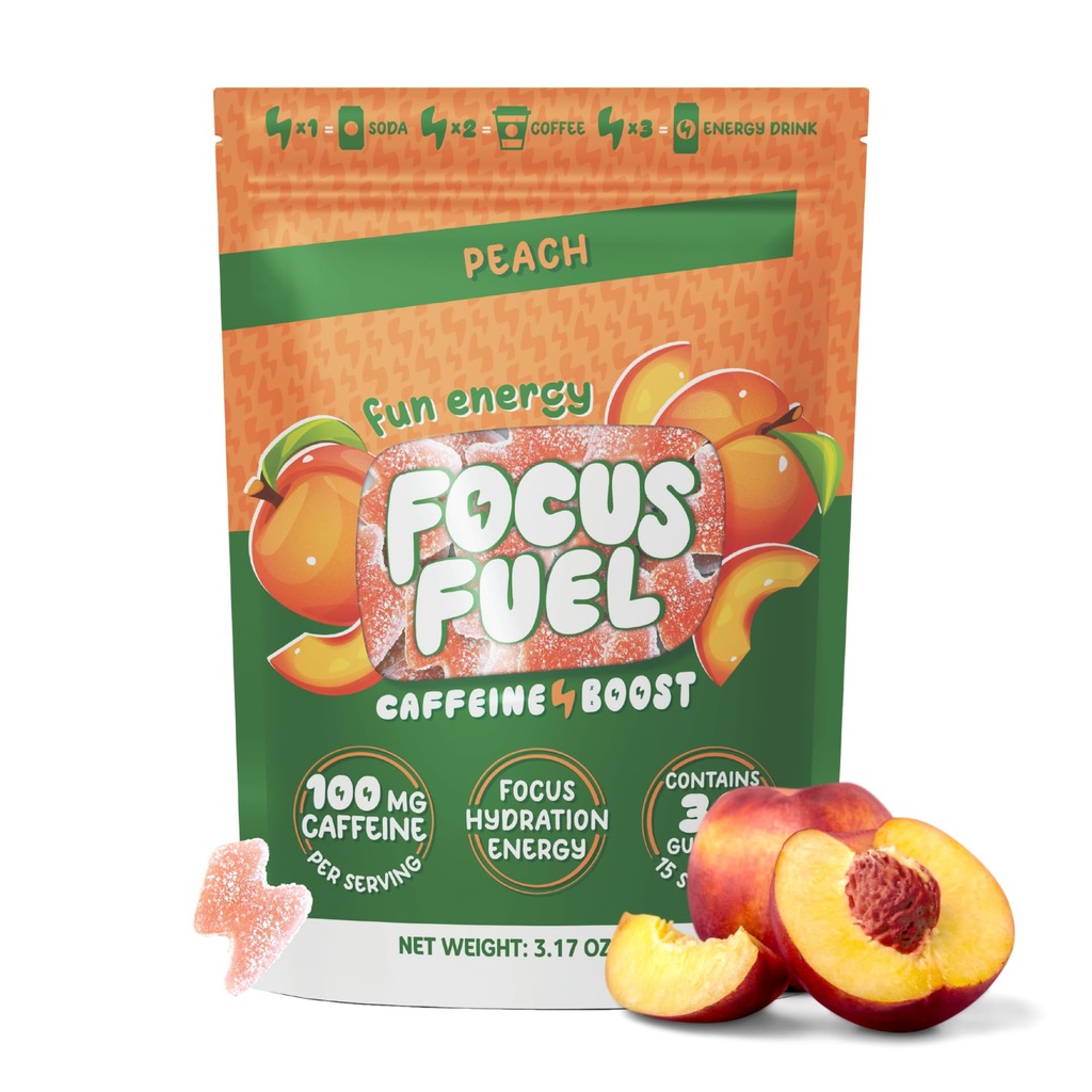 FocusFuel Energy Chews - Peach Flavor (15 Servings) - 100mg Caffery + Alpha GPC + L- Theanine + B12, Magnez - Gładkie Focus & Energy - No Crash lub Jitters