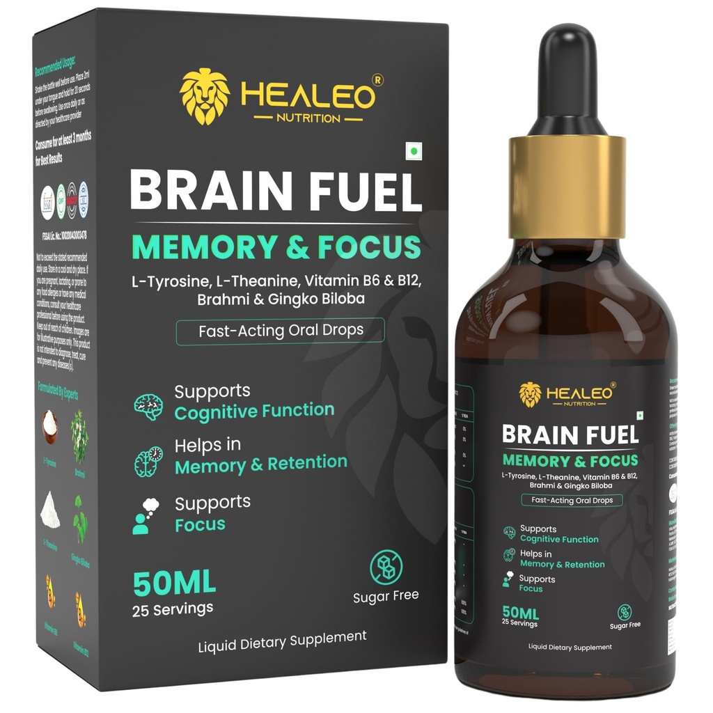 Healeo Brain Fuel Drops for Memory & Focus with Ginkgo Biloba, Brahmi, L-theanine | Nootropic Brain Booster Supplement - 50ml