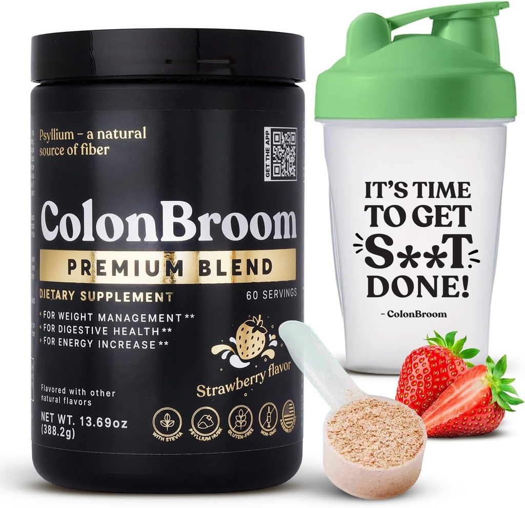 ColonBroom Premium Pyllium Husk Powder (Truskawka, 60 Servings) + Butelka shaker do Colon Broom Fiber Powder Drink Bundle - Colon Cleanse for Bloating Relief & Gut Health - Fiber Powder Supplement
