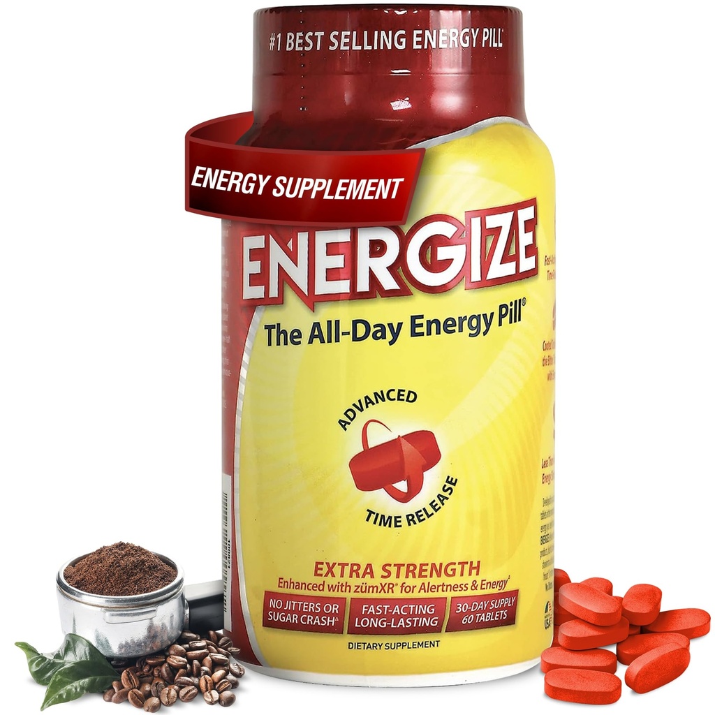Energize Extra Siła Kofeina Pigułki, Szybkie działanie Long- Lasting Energy Pill z rozszerzonym Time Release Kofeina, Ulepszony Clarity & Wsparcie energetyczne dla mężczyzn i kobiet, Brak Jitters, Nie Crash (60 tabletek)
