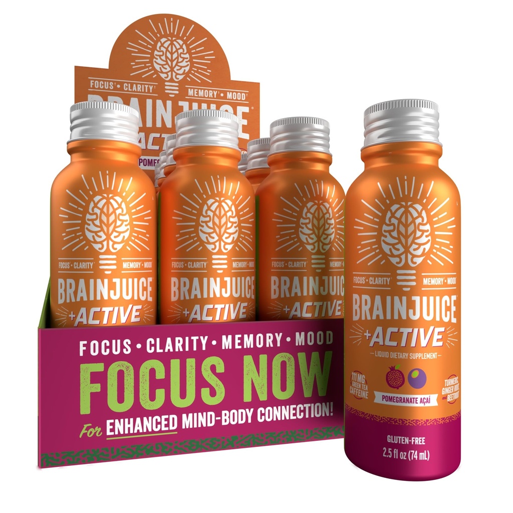 Sok BrainJuice Active Focus & Energy Drink Shots, Supports Endurance, Recovery & Clarity, Non-GMO, Gluten Free, Nootropics, Alpha GPC, B Vitamin & Organic Green Tea, Pomegranat Acai, 2,5 fl oz, 12 Pack