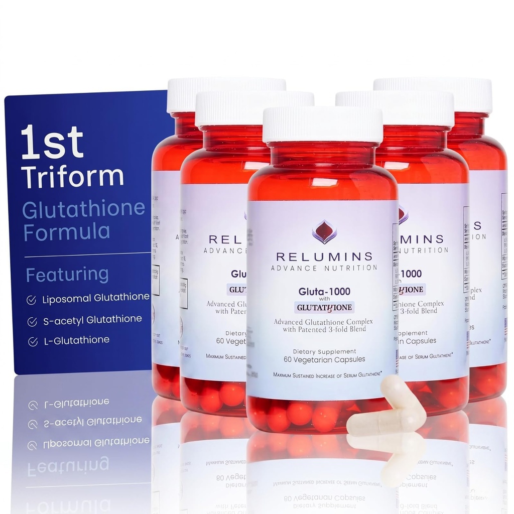 Reluminy L Glutation Supplement Complex - Reduced Glutathione 1000mg with Alpha Lipoic Acid & Rose HIPS Capsules for Nouried & Smoother Skin, 60 Caps x 5 Butelki