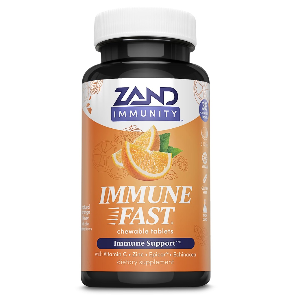ZAND Immunitet immunologiczna szybko Zesty Pomarańczowe Chewables - Suplement wsparcia immunologicznego w / Epicor Fermented Yeast, Witamina C 1000mg, Cynk, Echinacea - Non-GMO, Wegan, Gluten Free, 60- Day Gwarancja, 10 Sługi