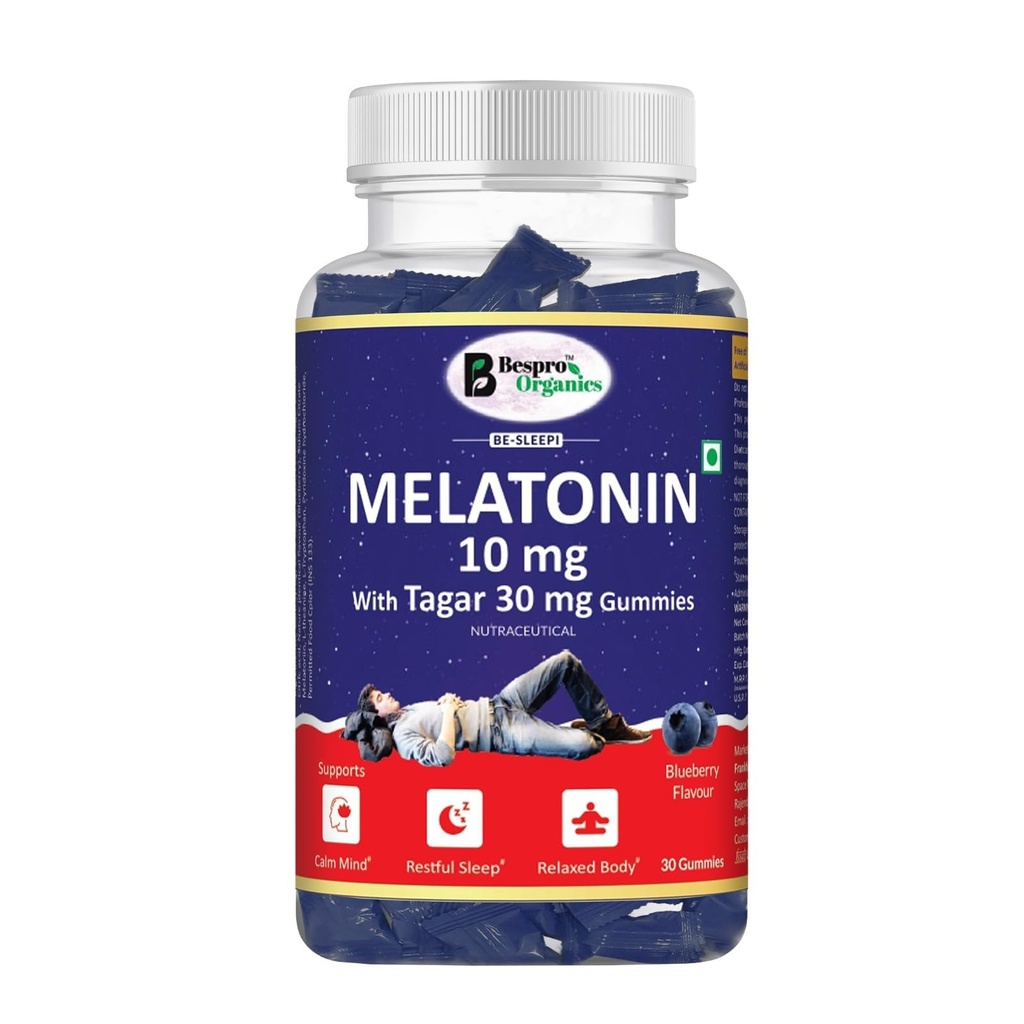 Organics Melatonin 10mg Sleep Gummies with Tagar Extract, L-Theanine & Vitamin B6 | Natural Sleep Supplement for Men & Women | Deep Sleep, Relaxation & Stress Relief | Blueberry Flavour – 30 Gummies