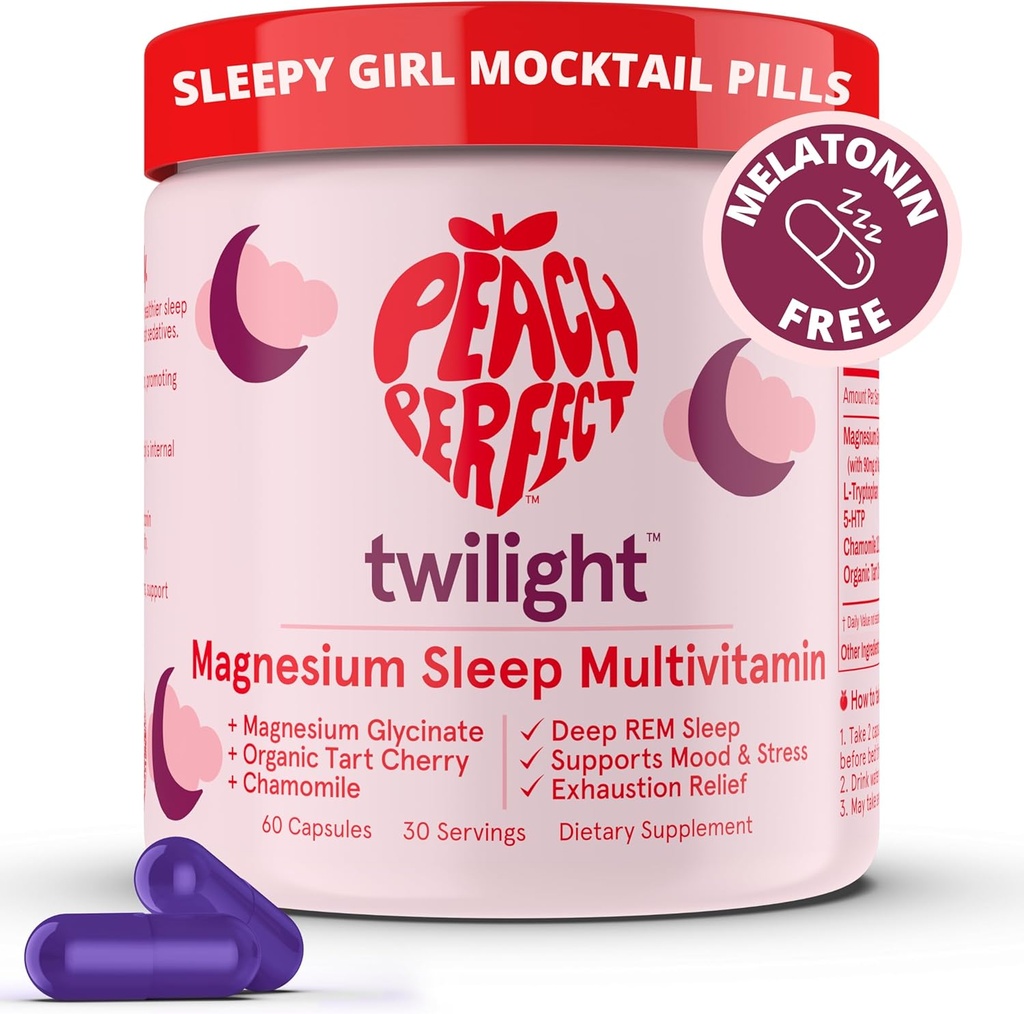 Peach Perfect Twilight Magnezu Glicynian sen Multiwitamina Magnezu Suplement z organiczną Tart Cherry, Rumianek, 5- HTP, L- Tryptofan, Natural Sleepy Girl Mocktail, 60 Kapsułki, 30 Służenie