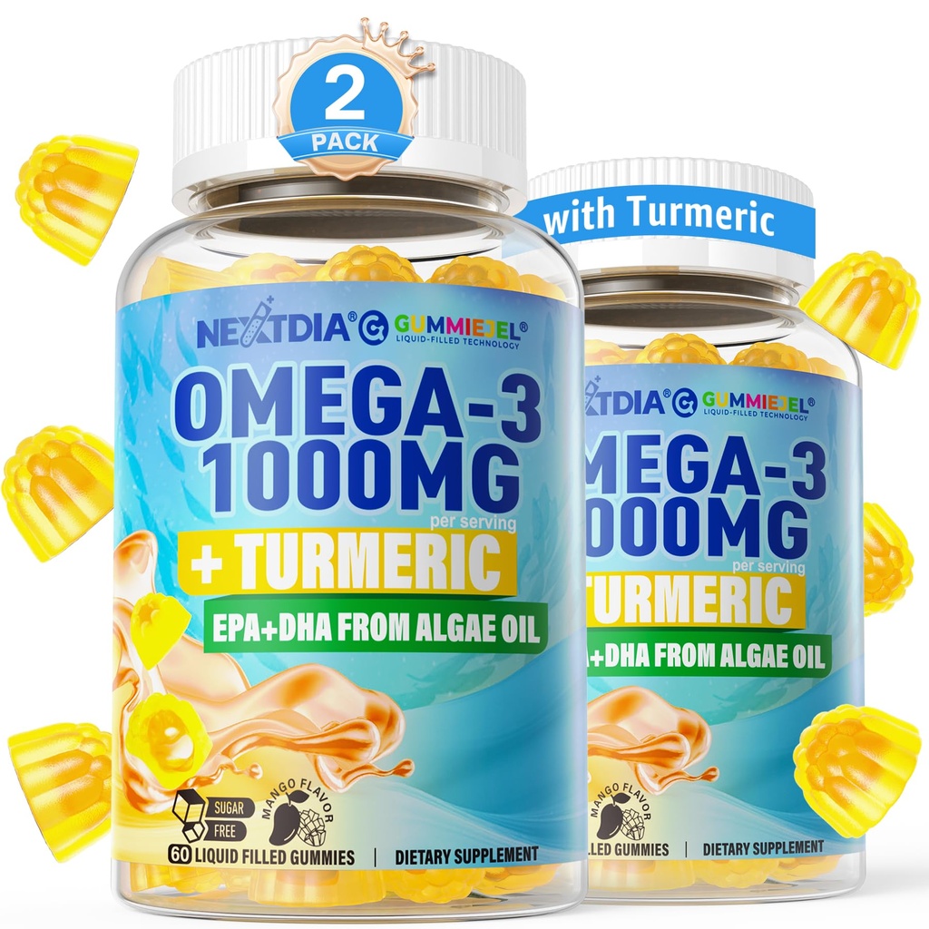 Wegańskie gumki Omega-3 1000mg + kurkuma - Omega 3 alternatywa oleju rybnego dla dorosłych - Algae DHA 600mg & EPA 300mg, Witaminy A, C, E, Cynk & MSM, Sugar Free, 120 Cts
