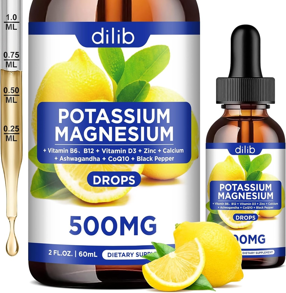 Potasu Magnezu Citrate Supplement, Płynny Magnezu Citrate Drops 500mg z Ashwagandha, Wapń, Cynk, Witamina D3, B6, B12, CoQ10 - Vegan 2 fl oz Lemon Flavor