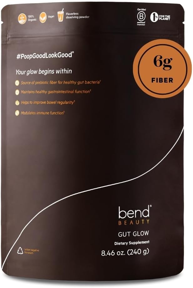 Bend Beauty Gut Glow Glow 124; Daily Prebiotic Fiber Supplement Powder w / Tremella Mushroom Exract 124; Digestive Gut Health 124; 6g Soluble Fiber per Serving 124; 100% Organic, Vegan, Sugar Free Fiber