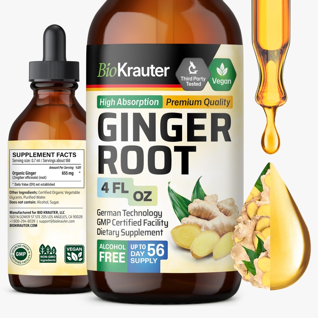 BIO KRAUTER Ginger Root Extract - Natural Ginger Supplements for Total Wellness - Alcohol and Sugar Free - Vegan Drops 4 Fl.Oz.