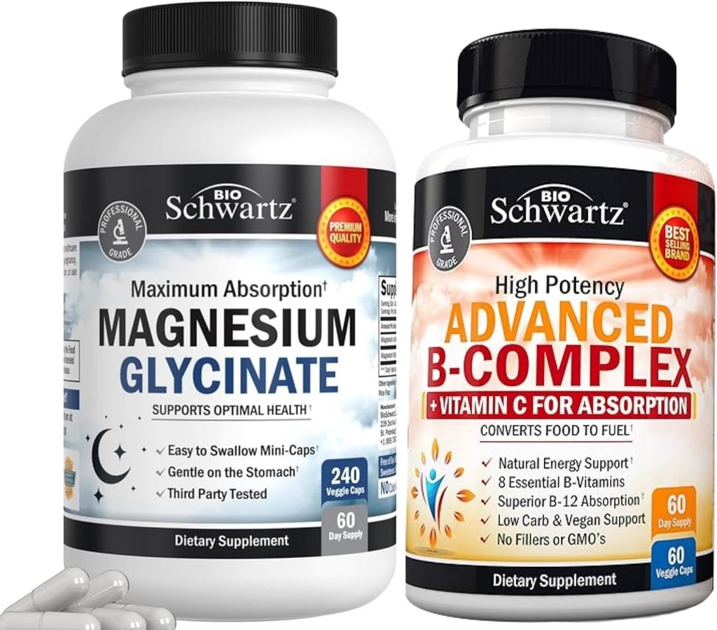 BioSchwartz Wysoka absorpcja Magnezu Glicynian 500mg Kapsułki (2-miesięczne dostawy) Plus Witamina B Kompleks z Witaminą C (2-miesięczne dostawy)