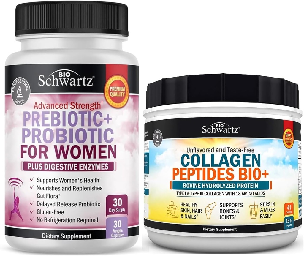 BioSchwartz Zhydrolizowany Proszek do Peptydów Zhydrolizowany Kolagen (40 + Servings) Plus Prebiotyki i Probiotyki z Digestive Enzymes dla Kobiet (1 miesiąc dostaw)