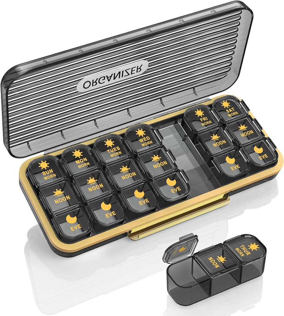 Pil Organizator 3 razy dziennie - Acedada Cotygodniowy Pill Organizator 3 razy dziennie, Duży Pill Box 7 Day Medicine Organizer Pill Case, Pill Container Holder, Daily Pill Box 3 razy dziennie, dla witaminy, Czarny G