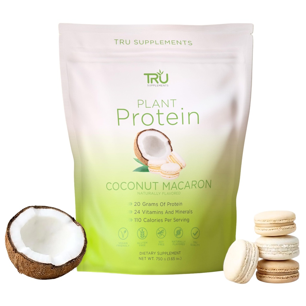 TRU Supplements Plant Based Protein Powder, BCAA, EAA, 20g Vegan Brown Rice & Pea Protein, 100 Calories, 27 Vitamin, No Artificial Flavors 25 Servings (Coconut Macaron)