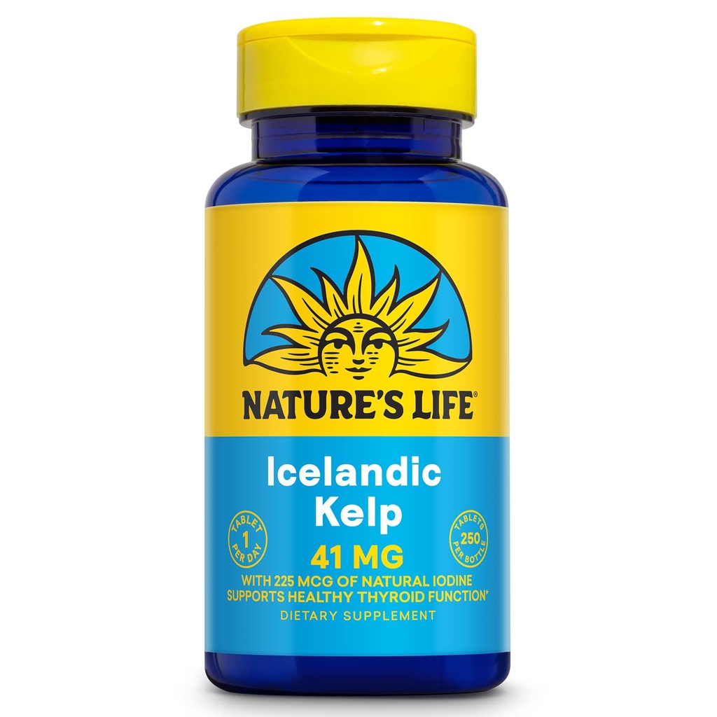 Natura 's Life Islandzki Kelp 41 mg - Sea Kelp Suplement jodu z islandzkiej wody morskiej - Wsparcie dla tarczycy dla kobiet i mężczyzn z 225mcg Natural Jod - 60- Day Guarantee, 250 Służb, 250 Tabletki