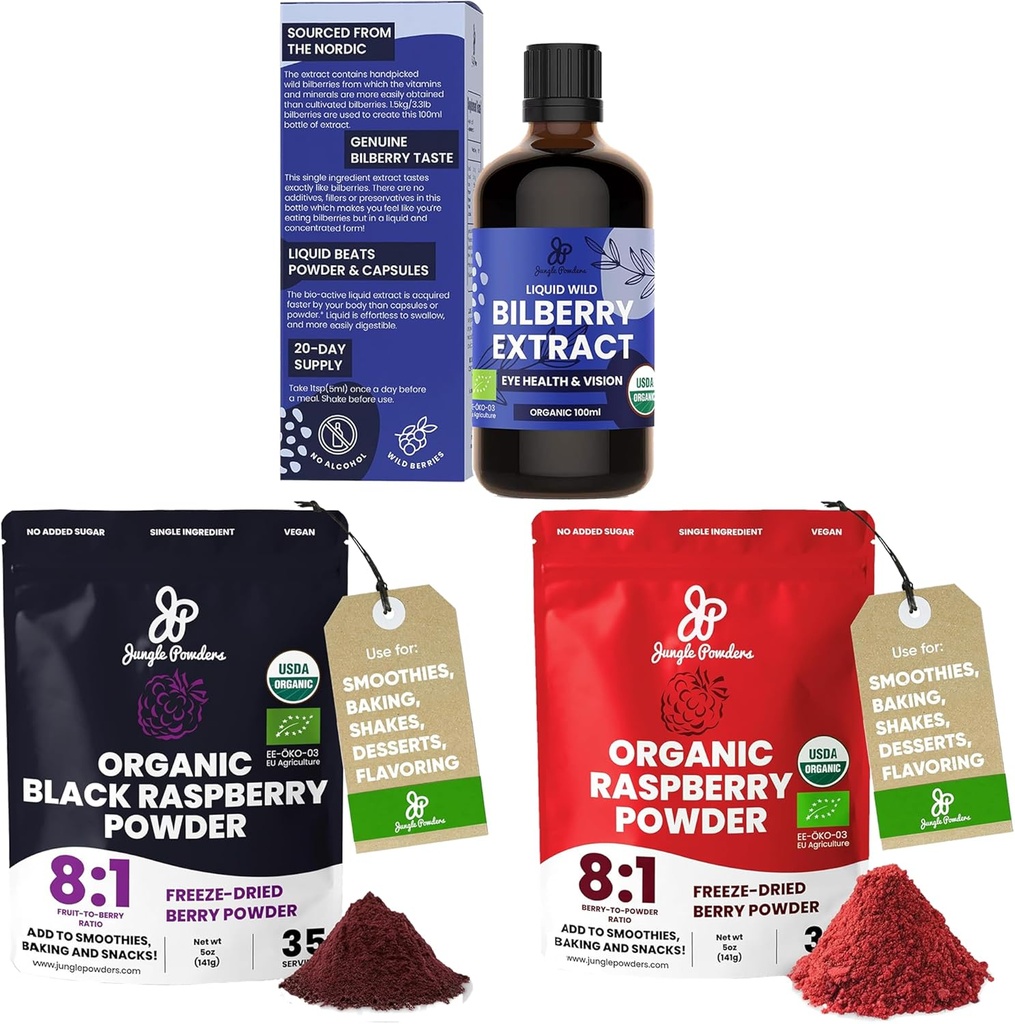 Jungle Powders Wild Bilberry Extract for Eyes USDA Organic 3.4oz Butelka, Czarny czerwony proszek malinowy Bundle 5 Ounce Bag, mrożone suszone maliny do pieczenia Smoothies Odwodnione owoce