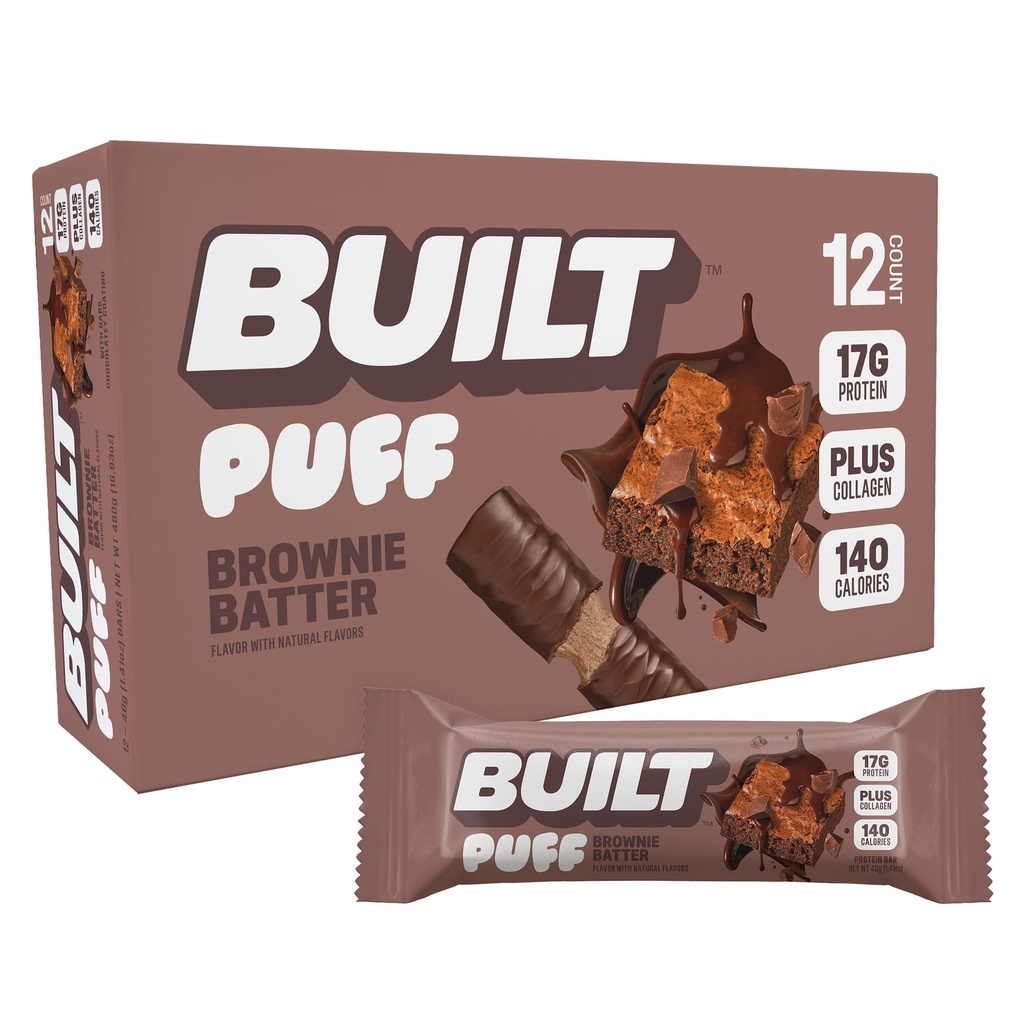 Built Bar, Puff Protein Bars, Brownie Batter Puff, 17 g Protein Snacks, On- The- Bary, Tylko 140 Calories, 6g Sugar, Collagen, Gluten Free, 12 Count