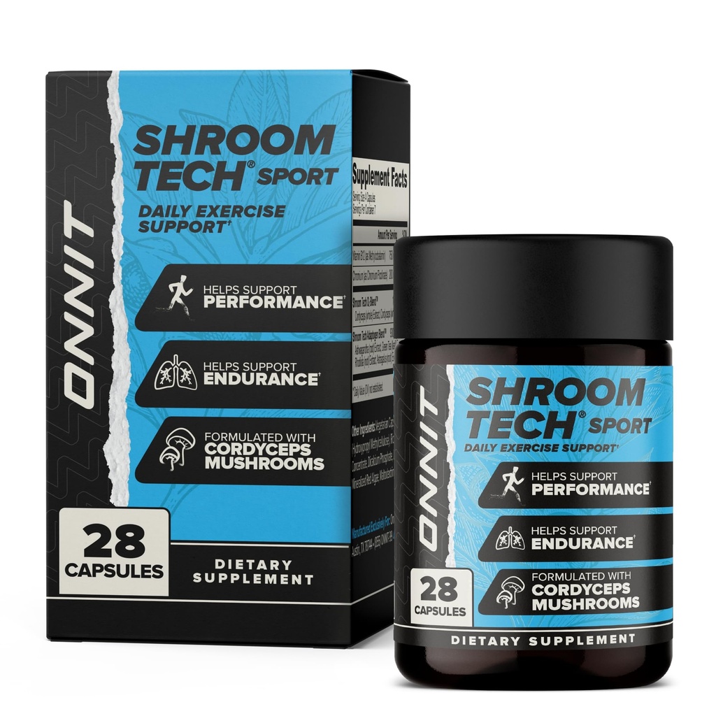 ONNIT Shroom Tech Sport Codzienna obsługa ćwiczeń Kapsułki, Suplement do ćwiczeń z Cordyceps Mushrooms, Bezkafeinowy suplement diety dla Daily Energy Support, 28 Count