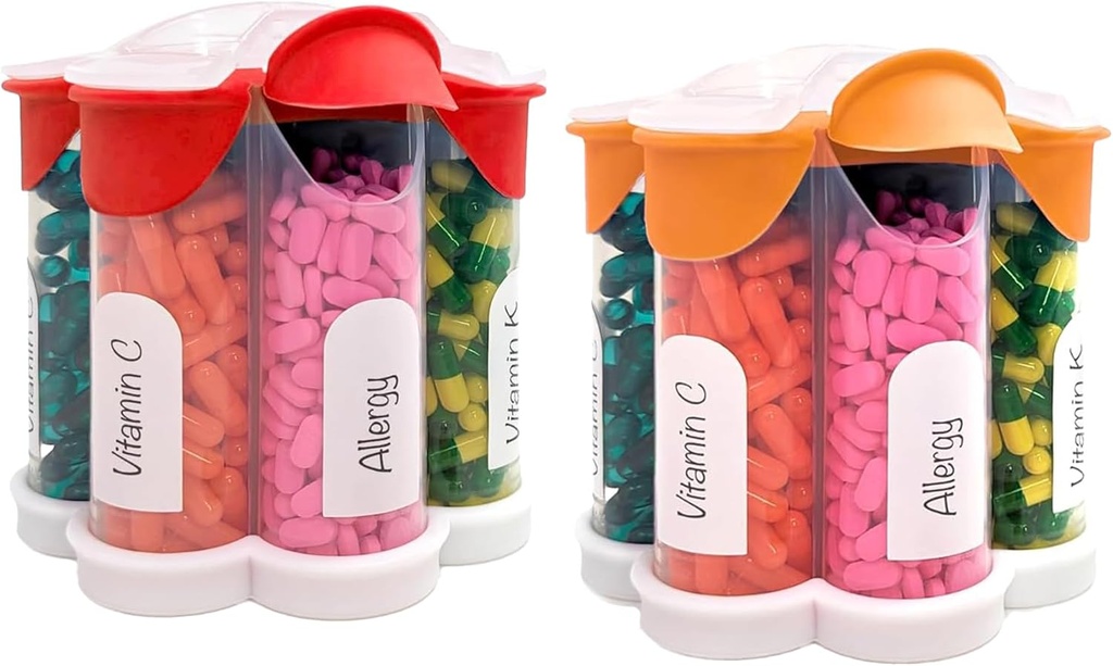 Codzienne, Cotygodniowe, Monthly Supplement Bottle, Cute Blossom Pill Dispenser z 7 Komory XL (2 Pack Combo) (Pomarańczowy i czerwony)