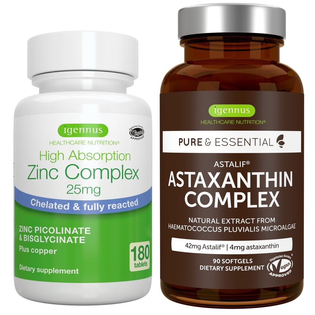 Astaksantyna Complex + Cynk Complex Wegan Bundle, Przeciwutleniacz Wsparcie dla skóry, włosów i paznokci, przez Igennus