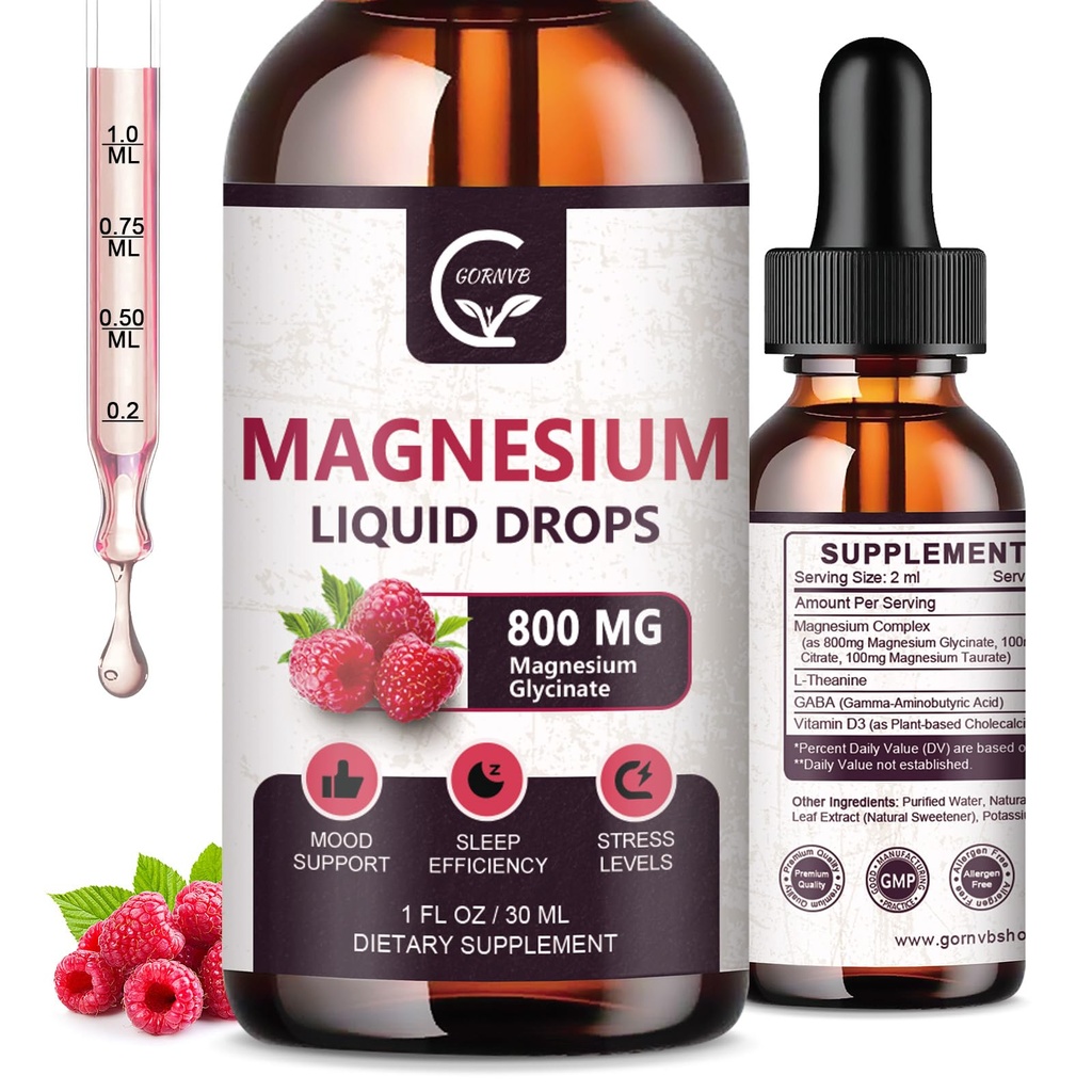 (2 opakowania) Magnezu glicynian krople płynne 124; 1000mg płynny kompleks magnezu z D3, L-Thea & GABA dla energii, snu, Nerwy i Heart Health, Wysoka absorpcja, Malina Flavor