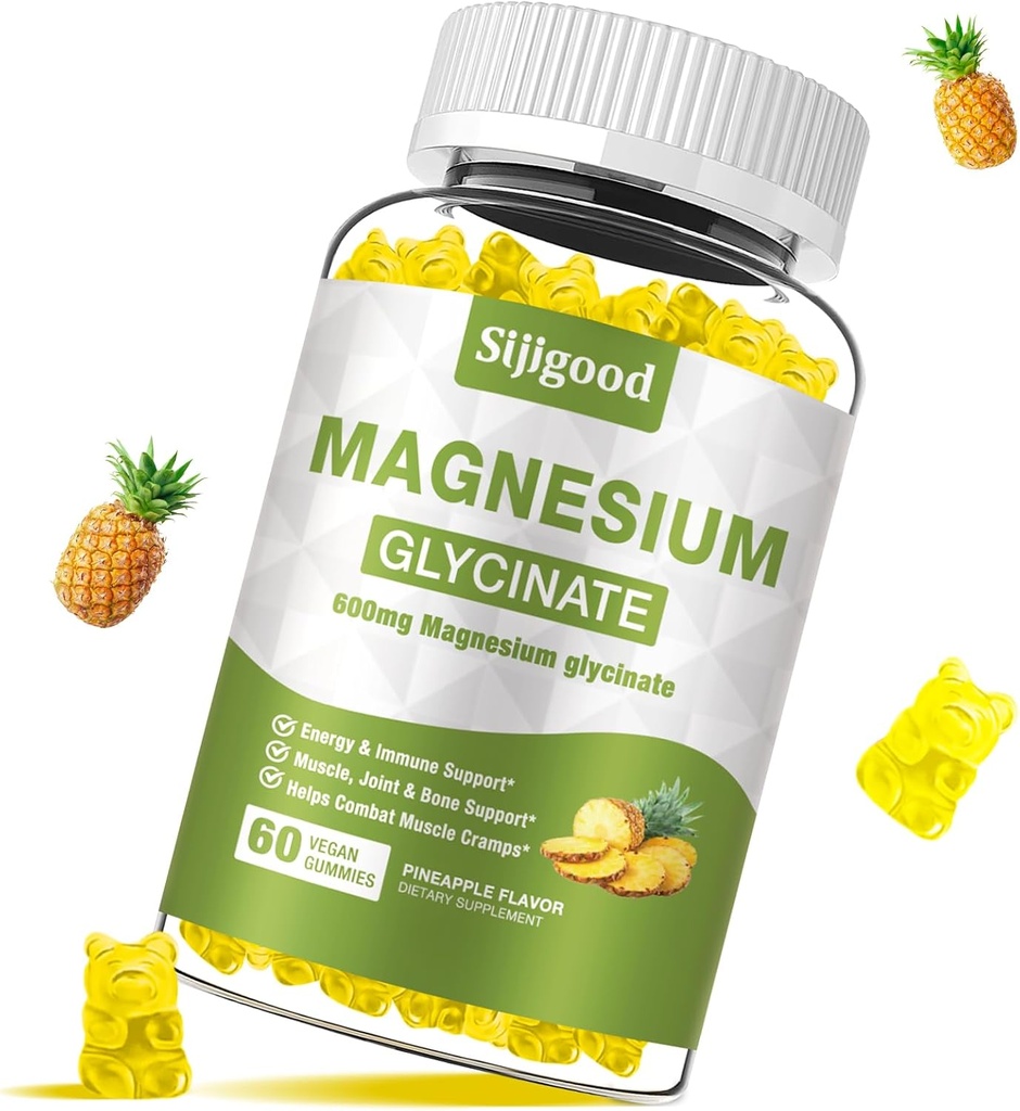 Glucynian magnezu Gummie 600mg, Relaks i Zzz Wsparcie, Magnezu suplement potasu dla dorosłych i dzieci bez cukru, Witamina C, B6 i CoQ10 Smak ananasowy, 60 Hrabia