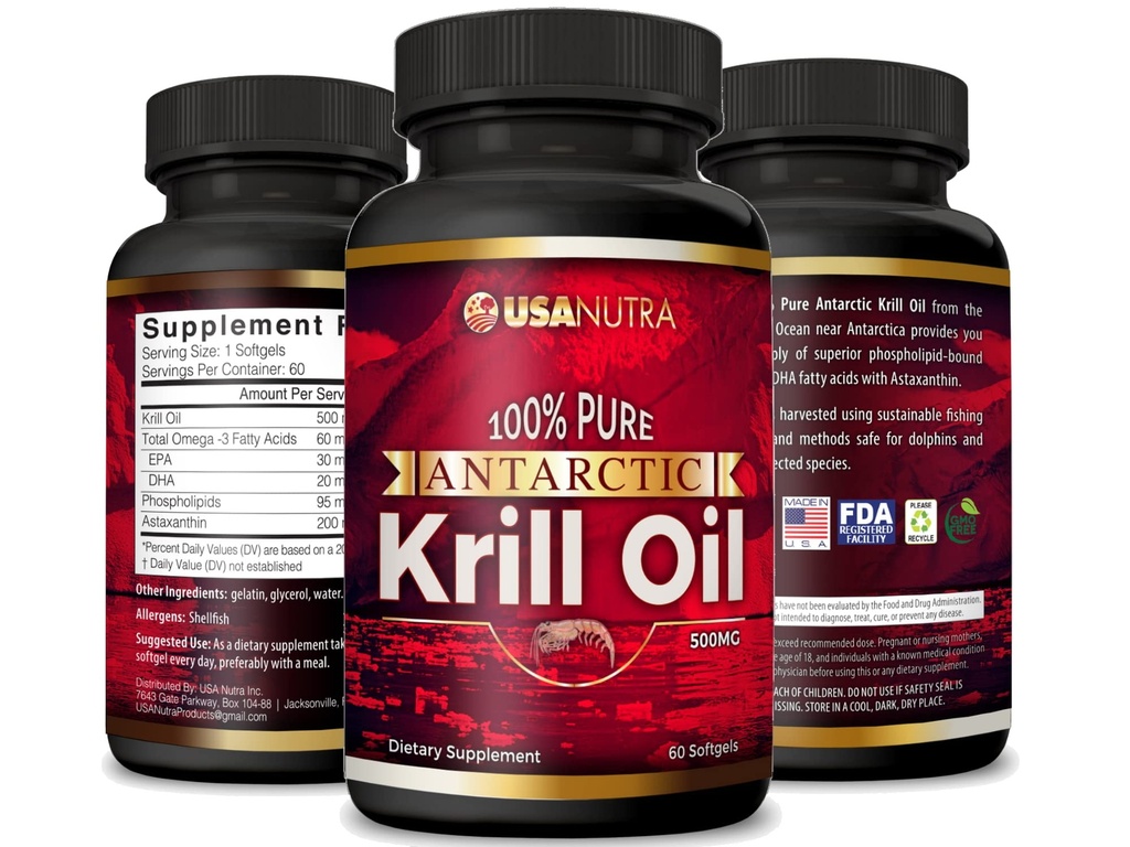 Antarctic Krill Oil Softgels 100% Pure with Omega-3 EPA DHA Astaxanthin 1000mg per Day (2 Softgels). Made in The USA