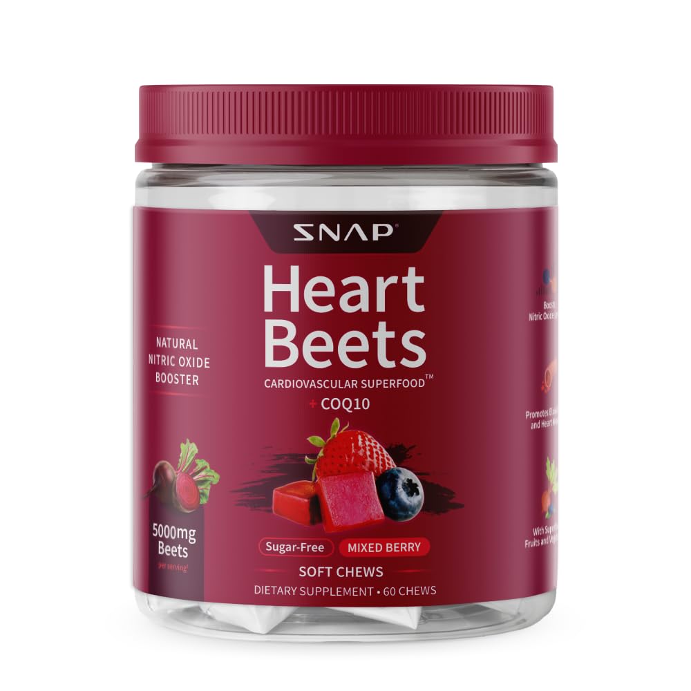 Supplements Snap Heart Beets Organic Beet Root Soft Chews, Cardival Supplement for Men & Women, CoQ10 & Red Spinach, Heart Health & Circulation Support, Sugar Free, Mieszane Berry, 60 Chews