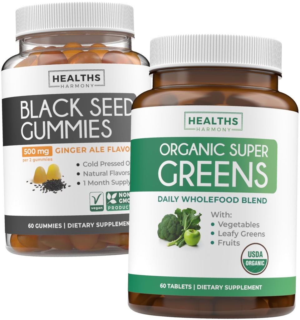 Black Seed Oil Gummies & Super Zielone (1- Miesiąc) - Codzienne Green Boost - Black Seed Oil Gummies Ginger Alel Flavor Cold- Pressed Nigella Sativa & Organic Super Zielone Kompletne Super Suplement do Żywności