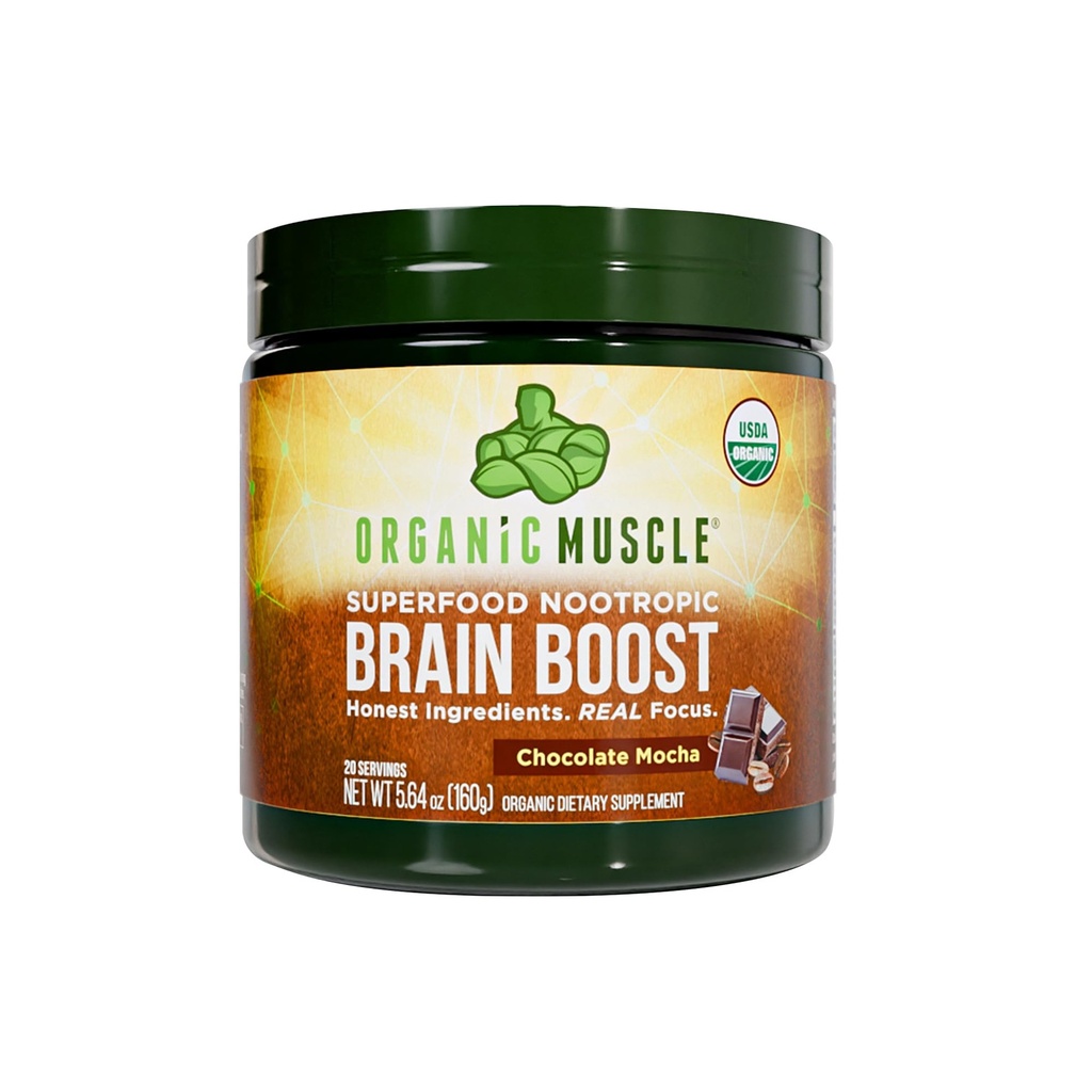 Organic Muscle Brain Boost Nootropics Mieszanka - Wegan & Organic Superfood suplementy zdrowia dla Focus, Pamięć & Wydajność z Ashwagandha, Ginkgo & Ginseng - Czekoladowy Flavor, 20 Sługi