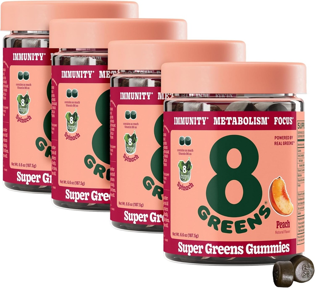 8Zieloni Supergreens Gummies Between 124; Super Zieloni w proszku Superfood Gummy do metabolizmu, Immunitet & Focus, Żywność Enzymy zdrowia, Organiczne: Chlorella, Spirulina, Aloe Vera, Peach Flavor, 200 Hrabia