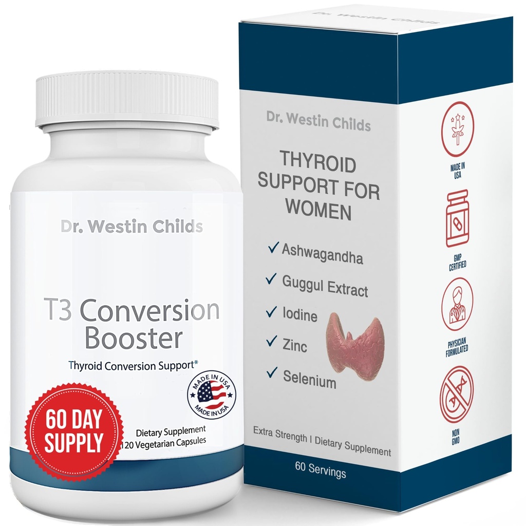 Dr. Westin Childs - Booster konwersji T3 - Wsparcie dla tarczycy dla kobiet z niedoczynnością tarczycy & Hashimoto - Jod, Ashwagandha, Guggul Extract, Selenium & Zinc Complex - 60 Służenia