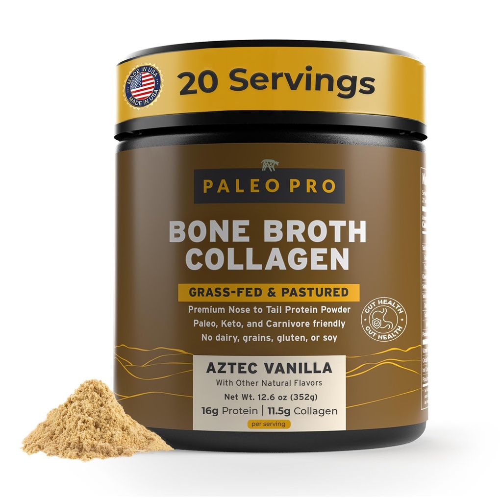 PaleoPro Bone Broth Collagen Protein Powder - Turmeric Root Gras- Fed Collagen Powder for Skin & Bones - Bez glutenu, Bez cukru, Soi, Ziarna, Węglowodory netto - Paleo Keto Friendly 20 Sługi Aztec Vanilla