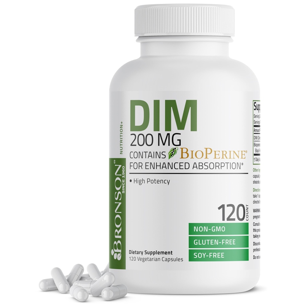 Bronson DIM Suplement 200 MG Diindolymetan z BioPerine do zwiększonej absorpcji, Estrogen Metabolizm & Zachowanie Balanced Hormon Poziomy, 120 Kapsułki wegetariańskie