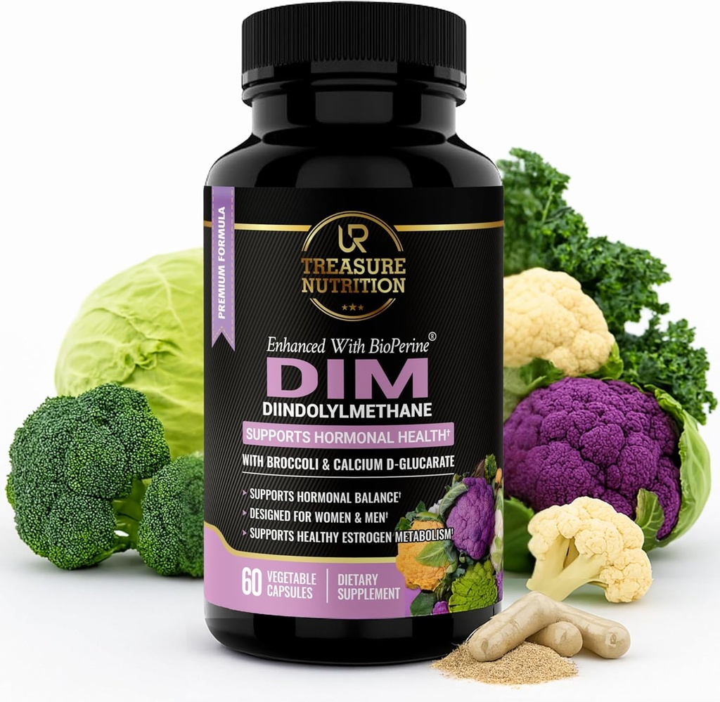Suplement DIM z ekstraktem Broccoli i BioPerine - Naturalne wsparcie równowagi hormonu dla kobiet i mężczyzn - Estrogen Balance - Menopauza, trądzik - 60 Kapsułki wegetariańskie z wapniem D- Glukaran
