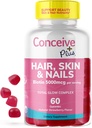 CONCEIVE PLUS Włosy skóry i paznokci Gummie - ekstraktywna Biotin, VIT A, C, D3, E Witaminy - Wegan, Suplement do wzrostu włosów - Żelatyna - Wolny od - 60