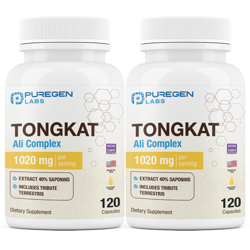 Puregen Labs Tongkat Ali Extract 200 do 1 dla mężczyzn, 1020mg na serwowanie, [Wysoka moc] Razem 240 Kapsułki - Men 's Health Support with 20mg Tribulus Terrestris 124; Non- GMO, Gluten Free, Made in USA