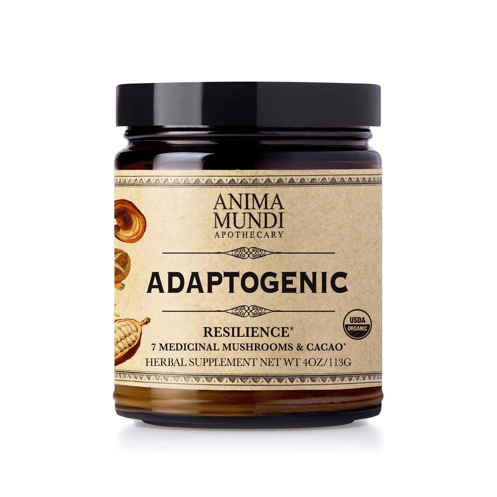 Anima Mundi Aptecary Organic Mushroom Supplement - Adaptogenetic Mushrooms + Cacao - Puder do podnoszenia z Organic Lion 's Mane, Shiitake, Chaga & More - Dodaj do kawy, herbaty i koktajli (4oz / 113g)