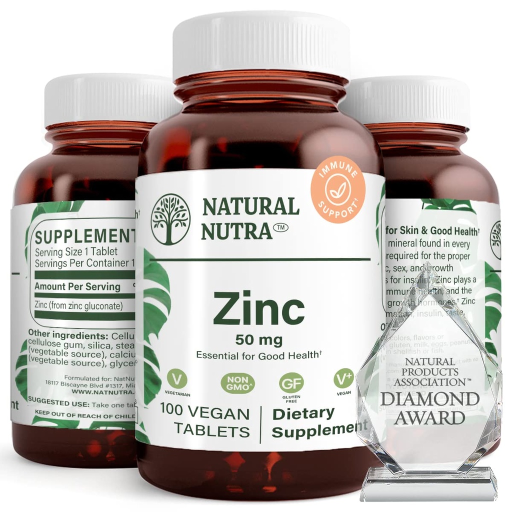 Naturalny Glukonian cynku Nutra 50mg Suplement do wsparcia immunologicznego, Promotes Skin Health, Zapewnia łatwość od grypa & zimno, Boost Learning & Memory, Enhance Taste & Smell, Gluten Free 50mg 100 Vegan Tablets