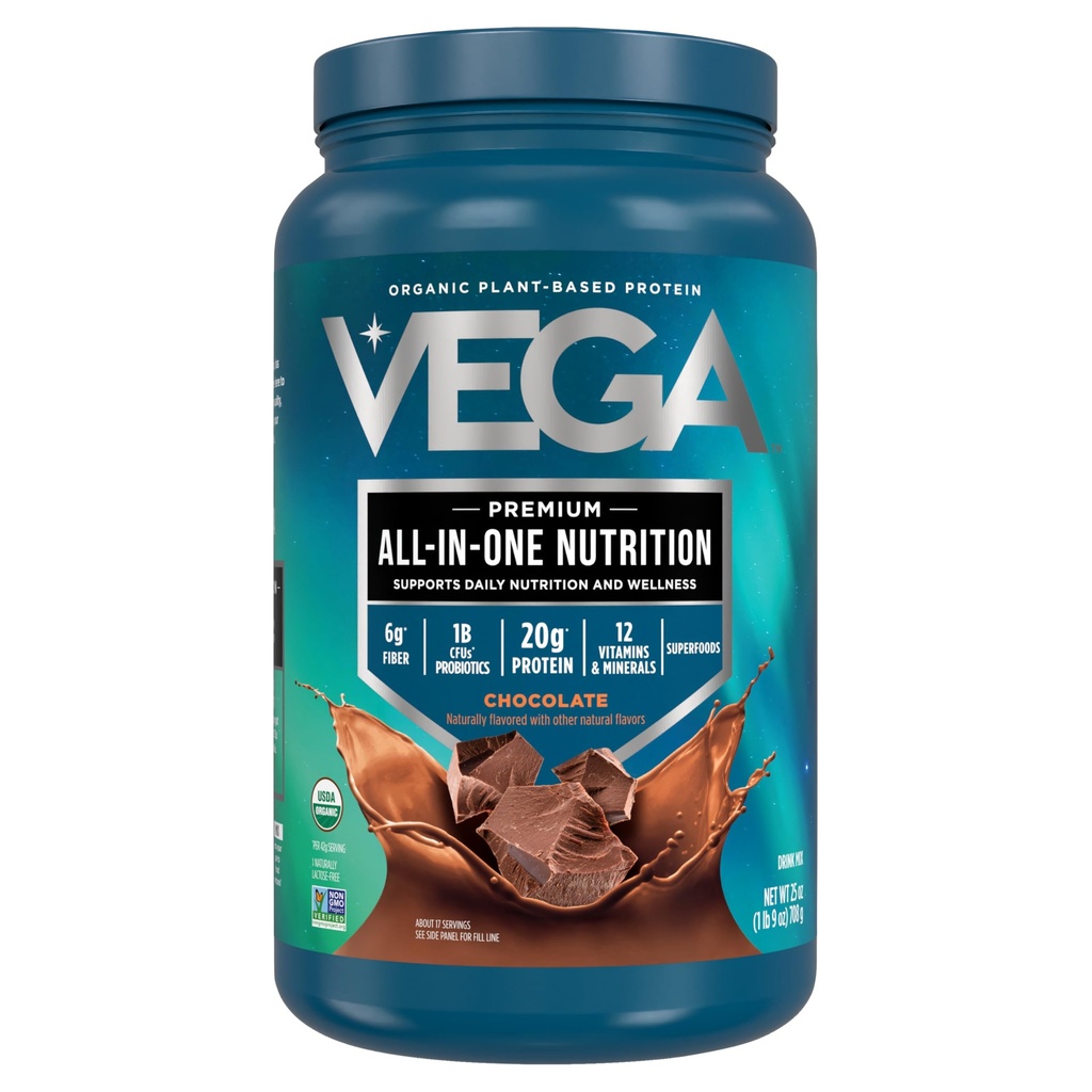 Vega Organic All- in- One Vegan Protein Powder, Czekolada - Superfood Składniki, Witaminy do wspierania odporności, Keto Friendly, Pea Protein for Women & Men, 25 Oz (Packaging May Vary)