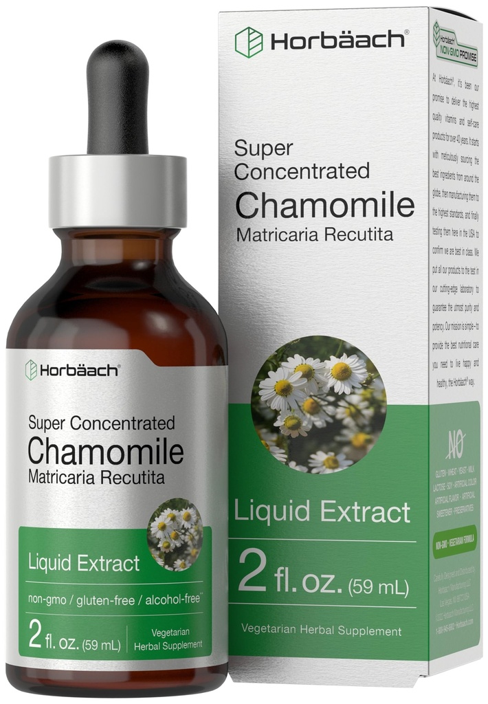 Horbäach Rumomile Extract Liquid Bis124; 2 fl oz Tincture Bis124; Alkohol wolny 124; Super skoncentrowany suplement ziołowy 124; Wegetariańskie krople 124; Non-GMO, Gluten wolny