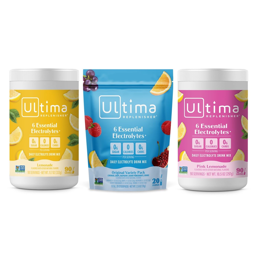 Ultima Replenisher Electrolyte proszek napój Bundle - Cukier wolny - Lemoniada, Różowy Lemoniada, Variety- 90 Służenia, 20 Stickpack- 6 Elektrolity i minerały - Keto Friendly, Wegan, Non-GMO
