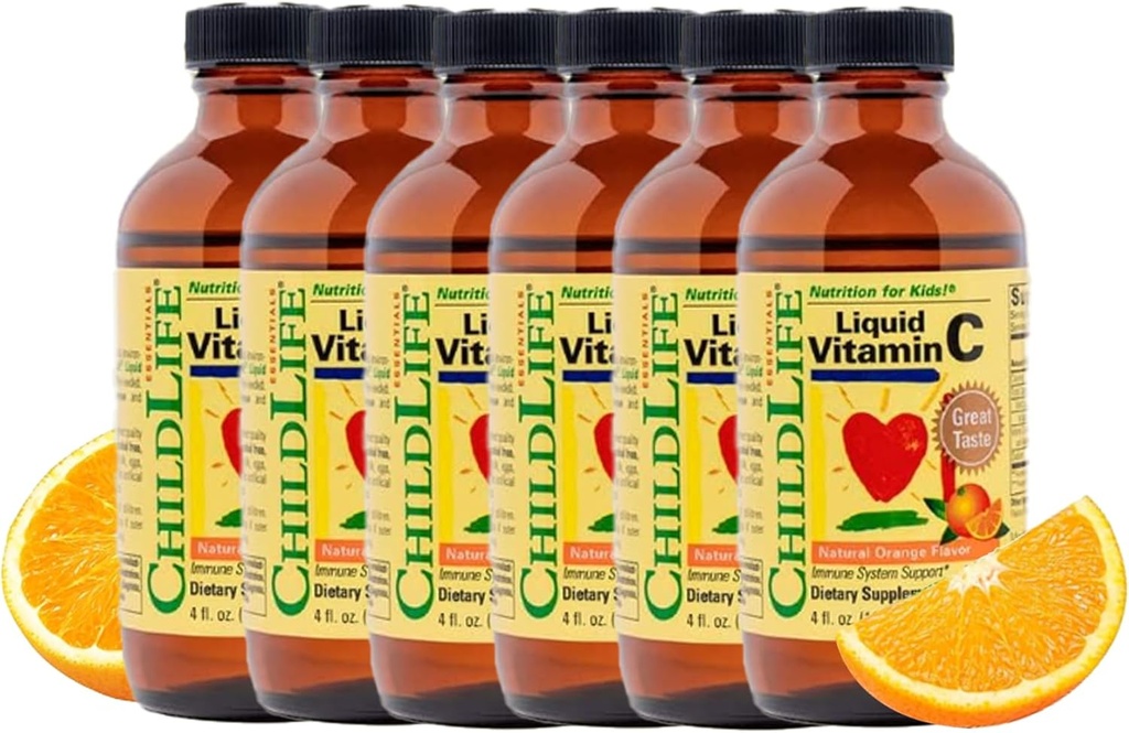 CHIDLIFE ESENTIALLE Płynna witamina C - Czysty suplement płynny witaminy C dla dzieci, Wsparcie układu immunologicznego, Wielki smak - Naturalny aromat pomarańczowy, 4 Fl Oz (opakowanie po 6)